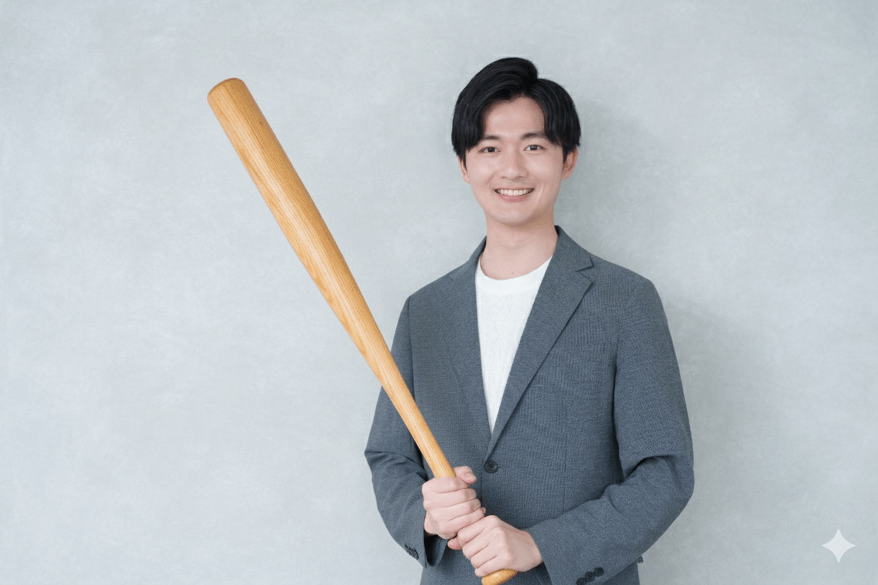 「野球バット」(縦長)をアップした後で、「ビジネスマン」(横長)をアップして合成した場合の画像