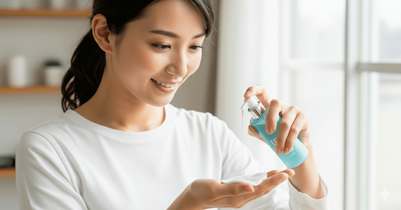 「Cの画像で女性が使用している化粧水を、Dの画像の化粧水(ロゴ入りの水色ボトル)に置き換えて下さい」というプロンプトを入力